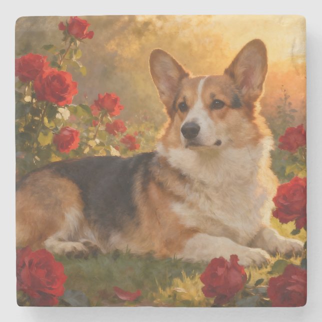 Porta-copo De Pedra Corgi nas Rosas VI (Frente)