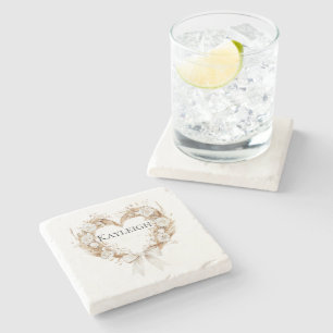 Porta-copo De Pedra Coroa Floral em Coração de Creme