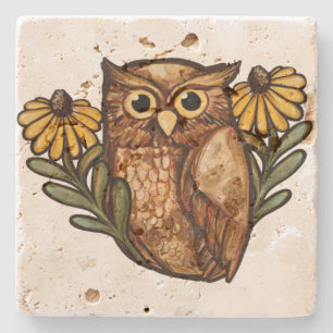Porta-copo De Pedra Corujas de Flores Susan Owl de Olho Negro