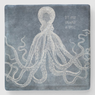 Porta-copo De Pedra Cotação Vintage Octopus Twilight Blue Watercolor
