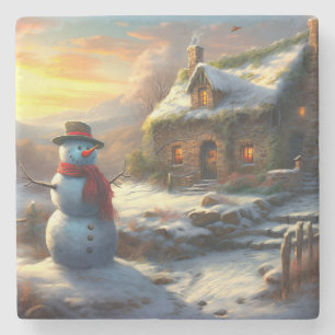 Porta-copo De Pedra Cozy Christmas Cottage & Snowman Vintage Winter