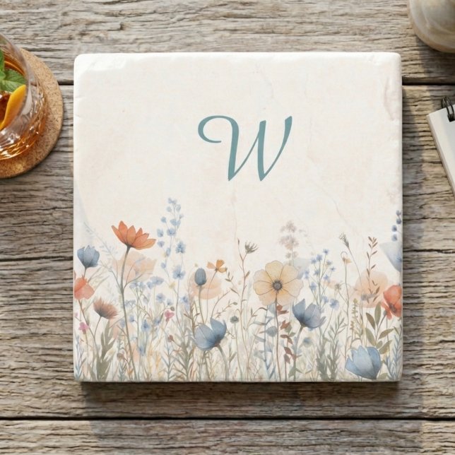 Porta-copo De Pedra Cozy Wildflower Meadow Monogram – Botanical  (Wildflower monogram drink coaster)