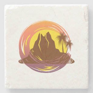 Porta-copo De Pedra Crachá com paisagem vulcânica tropical e palmeiras