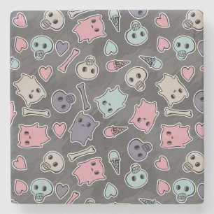 Porta-copo De Pedra Crânios, e corações no fundo preto