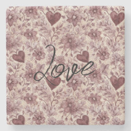 Porta-copo De Pedra Cream Burgundy Red Hearts Flowers