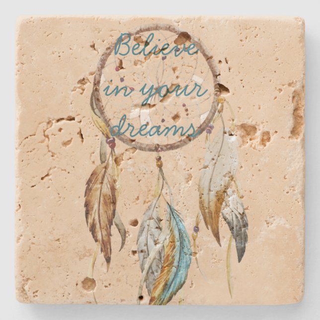 Porta-copo De Pedra Cream Castanho Turquesa Penas Brancas Sonho Catche (Frente)