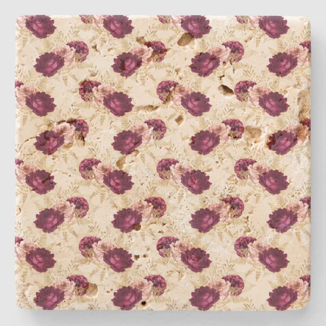 Porta-copo De Pedra Cream Pink Burgundy Floral (Frente)