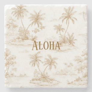 Porta-copo De Pedra Creme Marrom Aloha Ilhas Tropicais Palmeiras