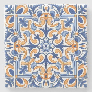 Porta-copo De Pedra Crie Seu Próprio Floral Azul Laranja Pintado Falso