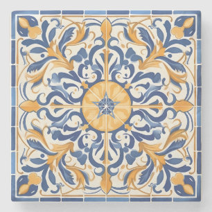 Porta-copo De Pedra Crie Seu Próprio Mandala Dourado Azul Pintado Fals