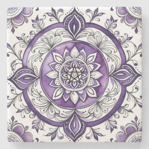 Porta-copo De Pedra Crie Seu Próprio Mandala Floral de Flor Roxa