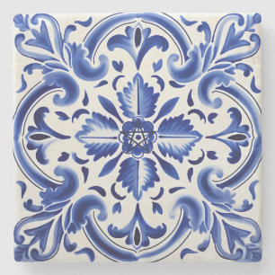 Porta-copo De Pedra Crie Seu Próprio Talavera Floral Azul Pintado