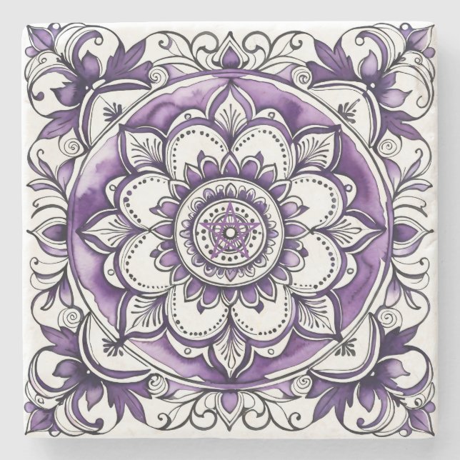 Porta-copo De Pedra Crie Sua Própria Flor Mandala Talavera Roxa (Frente)