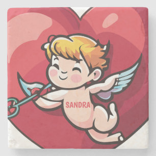 Porta-copo De Pedra Cupido no Coração Vermelho