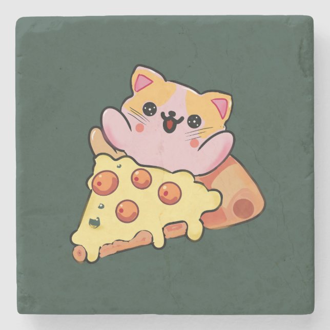 Porta-copo De Pedra Custom Kawaii Cat Hugging Pepperoni Pizza Cartoon (Frente)