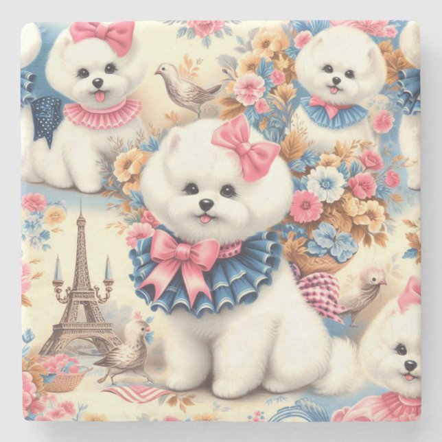 Porta-copo De Pedra Cute Bichon Frisé Seamless (Frente)