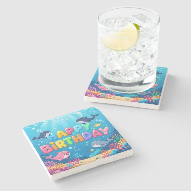 Porta-copo De Pedra Cute Happy Birthday nautical dolphin (Lateral)