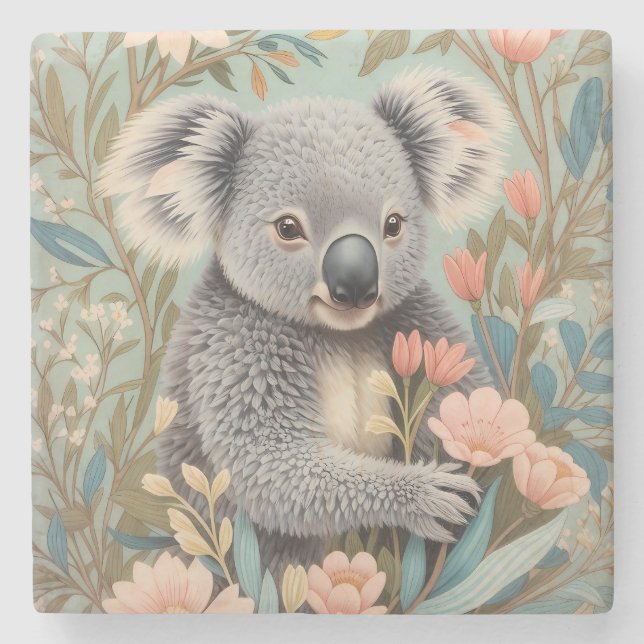 Porta-copo De Pedra Cute Koala Elegant Pastel Floral (Frente)