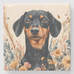 Porta-copo De Pedra Dachshund Bonito com Pintura de Flores Selvagens