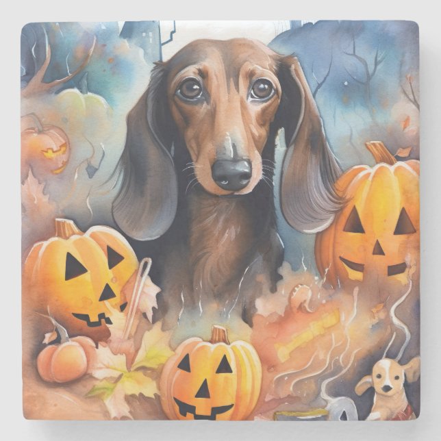 Porta-copo De Pedra Dachshund Halloween Com Pumpkins Assustado (Frente)
