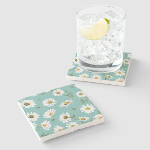 Porta-copo De Pedra Daisy Pattern, Teal Background