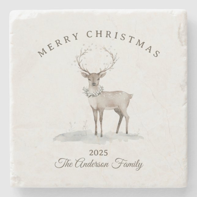 Porta-copo De Pedra Dama de Natal de renas brancas de creme personaliz (Frente)