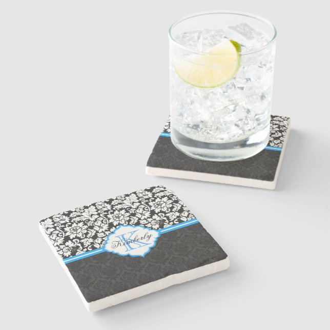 Porta-copo De Pedra Damascos Florais de Imagem Branca e Azul (Lateral)