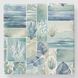 Porta-copo De Pedra Decoração Aquarela Flora Aqua Geométrica