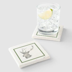 Porta-copo De Pedra Deer Buck Head com Antlers Black and White Art