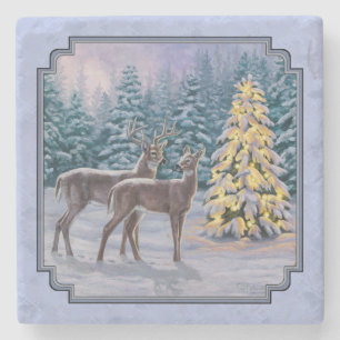 Porta-copo De Pedra Deer e Árvore de Natal Blue