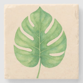 Porta-copo De Pedra Desenho de Folha Verde Monstera. 