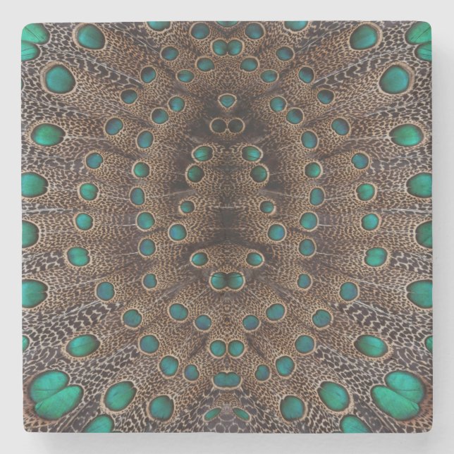 Porta-copo De Pedra Desenho Fractal de Pena de Faisão (Frente)