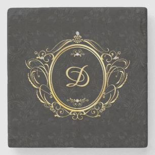 Porta-copo De Pedra Design elegante do monograma preto do ouro