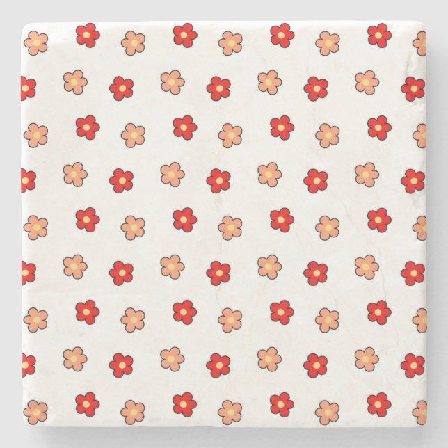 Porta-copo De Pedra Design Flor Branca e Vermelho Branco (Frente)