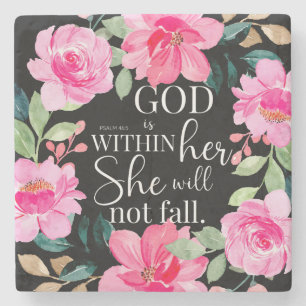 Porta-copo De Pedra Deus está dentro dela - Psalm 46:5 Pink Floral