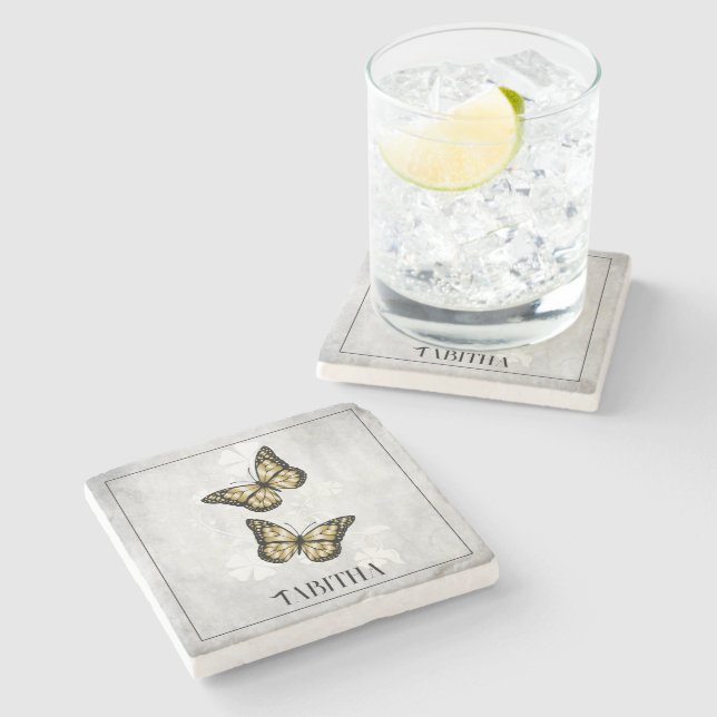 Porta-copo De Pedra Dourada borboleta Floral Personalizada Porta copos (Lateral)