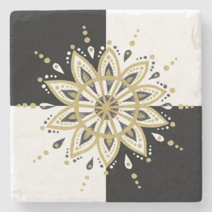 Porta-copo De Pedra Dourado Círculo Negro e Branco Mandala