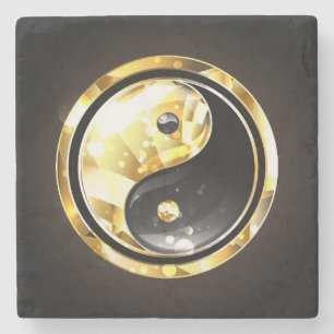 Porta-copo De Pedra Dourado Yin Yang a preto