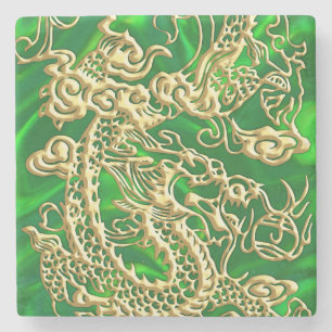 Porta-copo De Pedra Dragão Dourado Embutido em Seda Verde