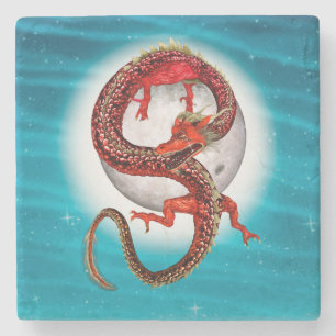 Porta-copo De Pedra Dragão Lua Vermelha Arte de Fantasia Celestial