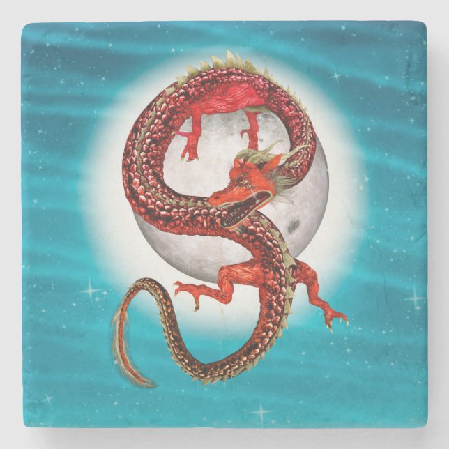 Porta-copo De Pedra Dragão Lua Vermelha Arte de Fantasia Celestial (Frente)
