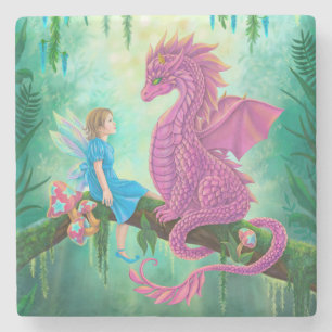 Porta-copo De Pedra Dragão rosa e fada