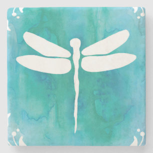 Porta-copo De Pedra Dragonfly Watercolor White Aqua Blue Dragonlies