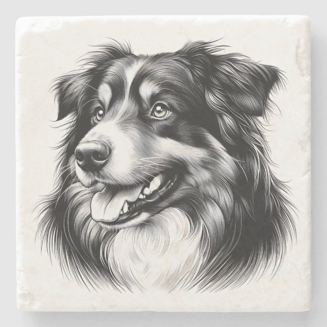 Porta-copo De Pedra Drawing Australian Shepherd (Frente)