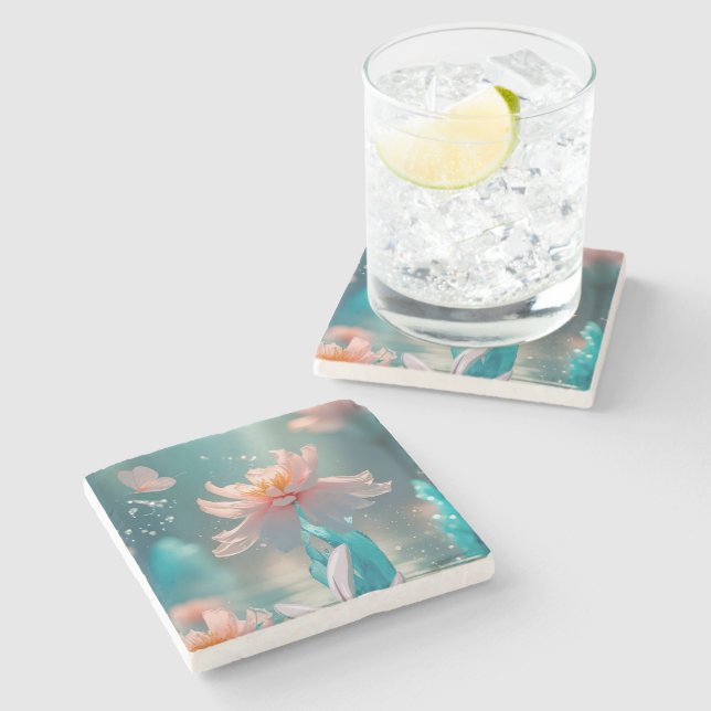 Porta-copo De Pedra Dreamy Pink Lotus and Butterfly in Aqua Water (Lateral)