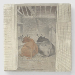 Porta-copo De Pedra Duas vacas em um estábulo (por Eric Ravilious)