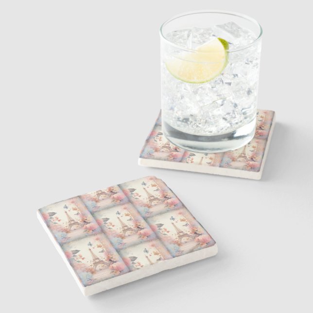 Porta-copo De Pedra Eiffel Tower Butterflies and Flowers Pattern (Lateral)