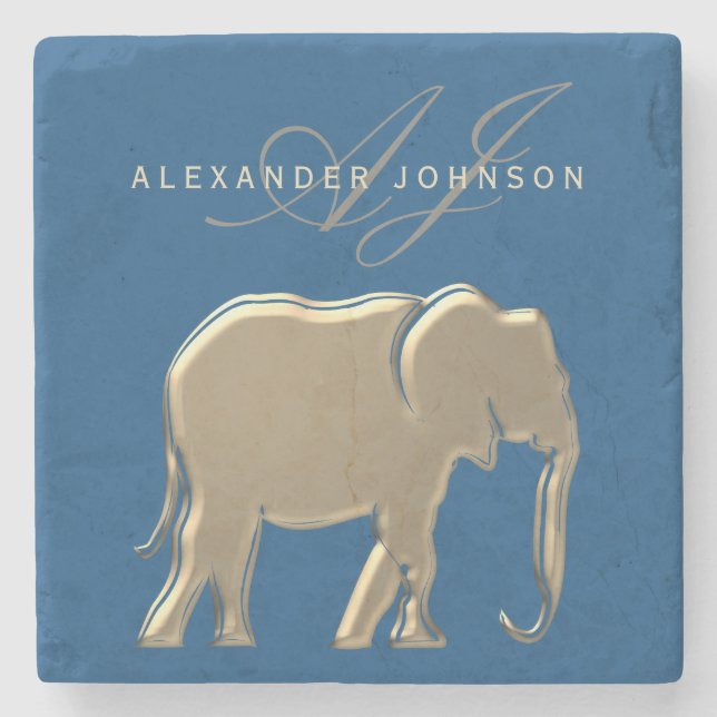 Porta-copo De Pedra Elefante Monogramado Azul e Dourado (Frente)