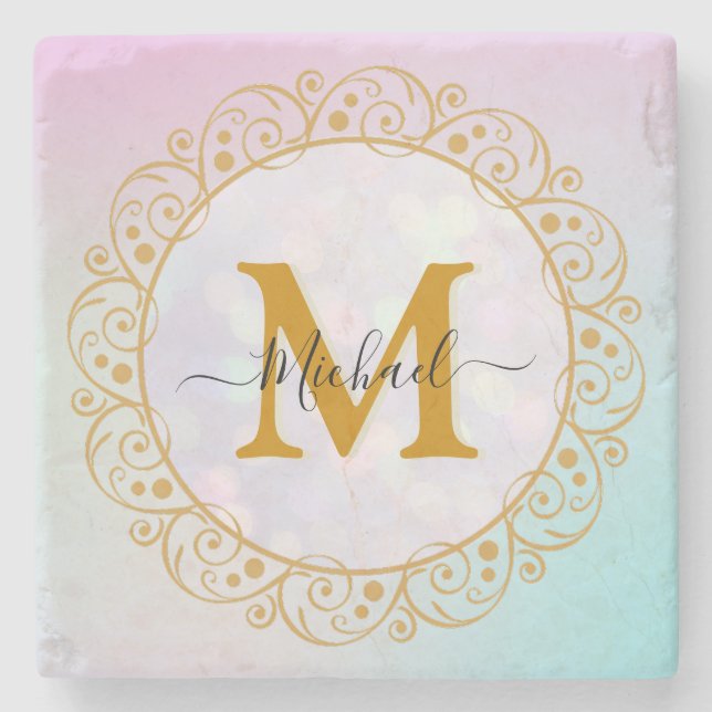 Porta-copo De Pedra Elegant Gold Glitter Initial & Name (Frente)