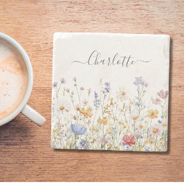 Porta-copo De Pedra Elegant Monogram Watercolor Colorful Wildflower